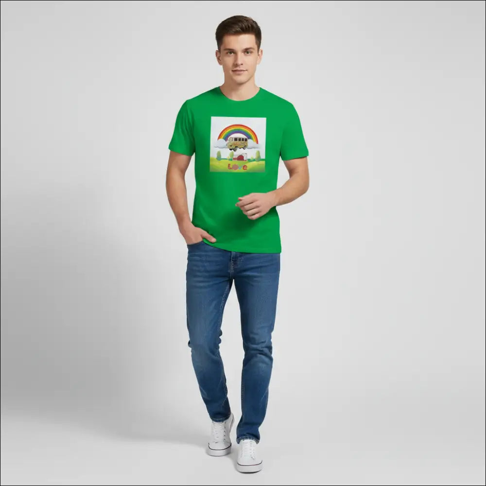 Flower Power T-shirt med husbil under regnbåge - Print Material