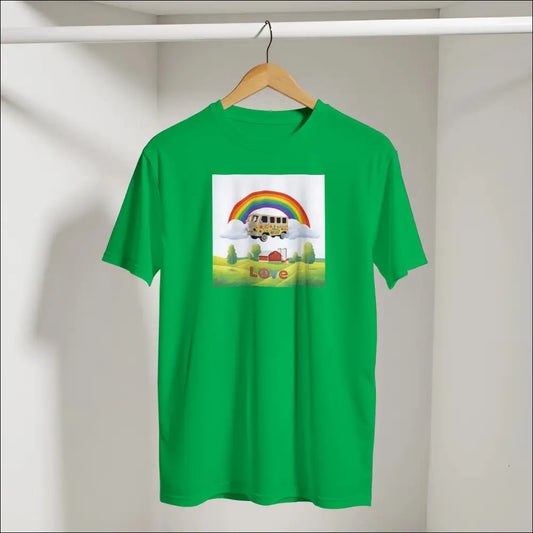 Flower Power T-shirt med husbil under regnbåge - Print Material