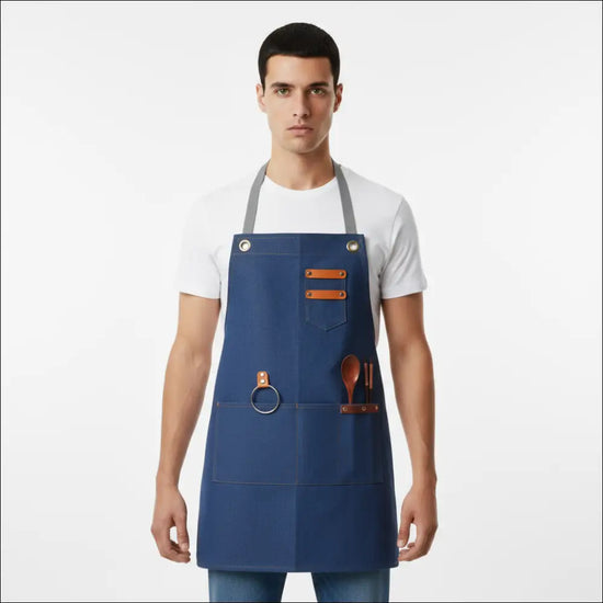 Förkläde i kanvas för hantverk och DIY, stilrent, slitstarkt med läderdetaljer, perfekt för kreativa projekt.