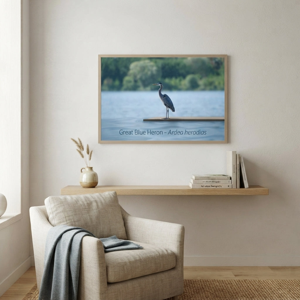 Great Blue Heron standing by the water's edge in a serene home setting with natural decor.