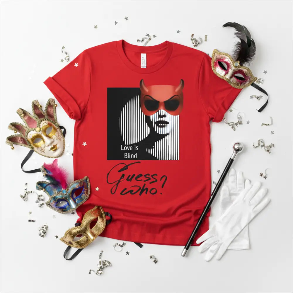 Guess Who - Maskerad T-shirt med Djävulsmask och Optisk Illusion - Print Material