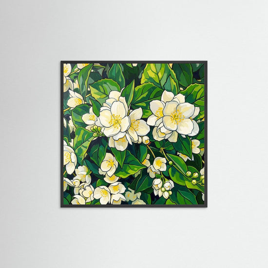Flowering Jasmine - Botanisk illustration av jasminblommor med vita petaler och gröna blad.