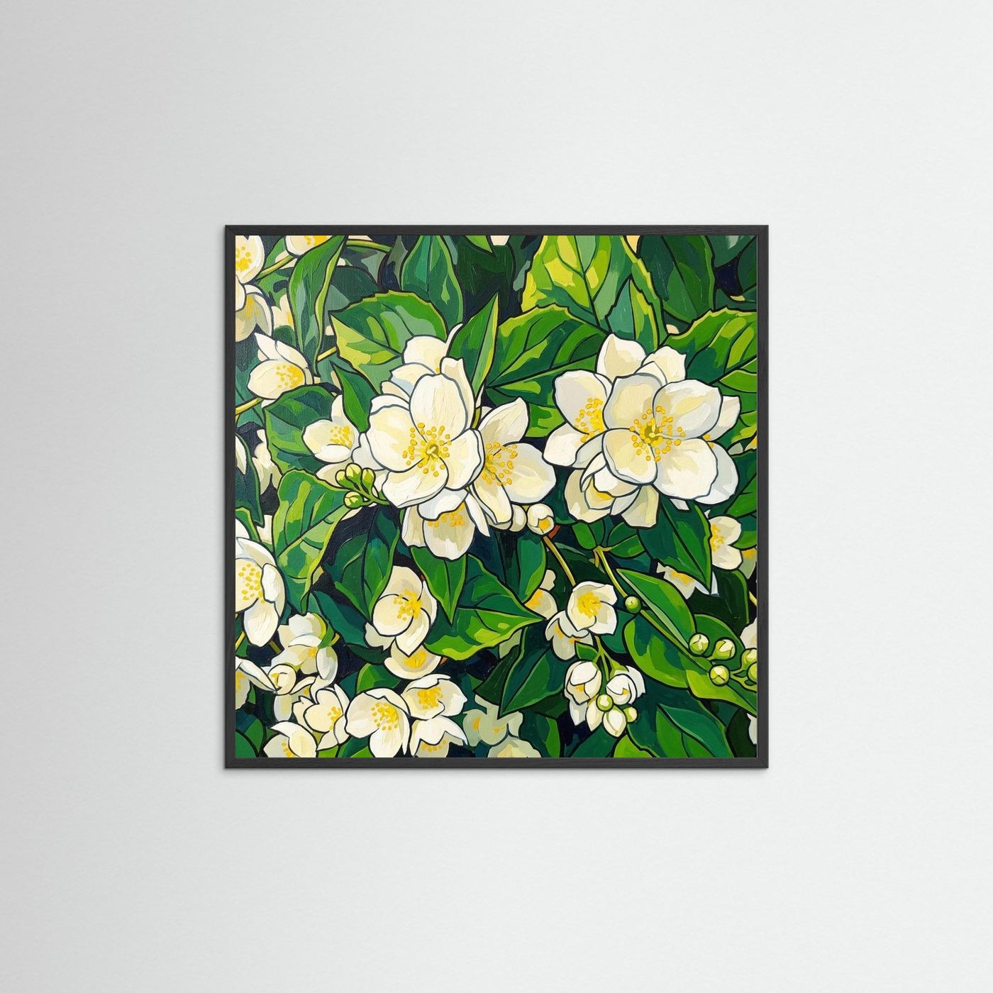 Flowering Jasmine - Botanisk illustration av jasminblommor med vita petaler och gröna blad.