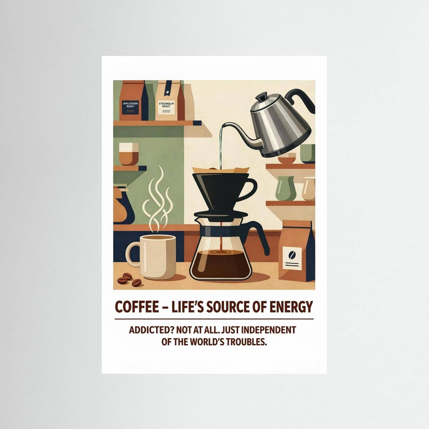 Coffee - Life's Source of Energi: Minimalist Art for Caffeine Lovers illustration featuring a coffee brewing setup.
