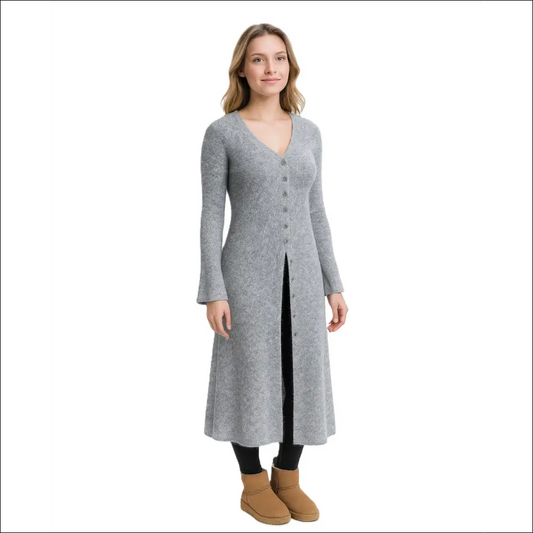 Knitted Outerwear Dress with Flared Sleeves – Office Style Layering Piece - Stickad klänning