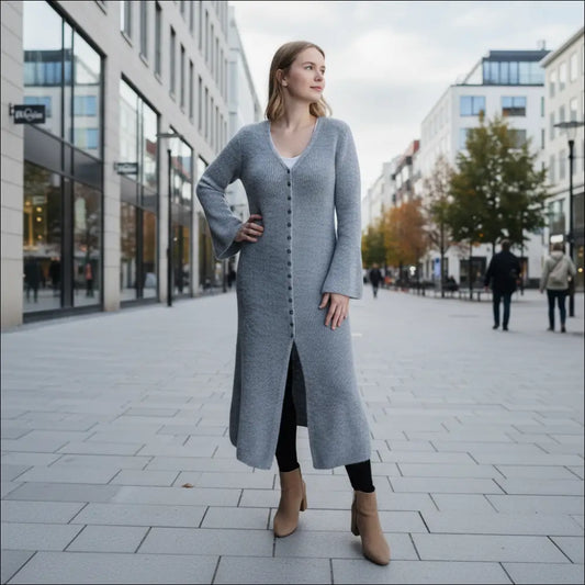 Knitted Outerwear Dress with Flared Sleeves – Office Style Layering Piece - Stickad klänning