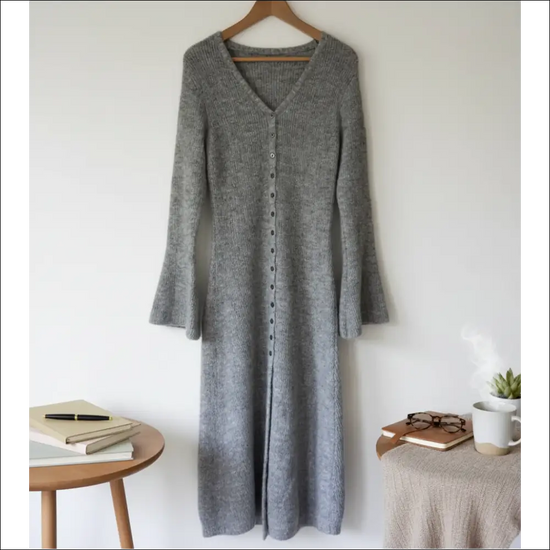 Knitted Outerwear Dress with Flared Sleeves – Office Style Layering Piece - Stickad klänning