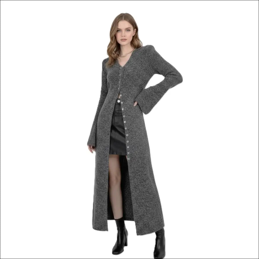 Knitted Outerwear Dress with Flared Sleeves – Office Style Layering Piece - Stickad klänning