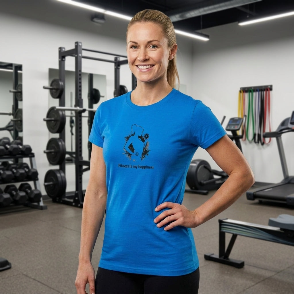 Styrkan är Lyckan – Dam Fitness Tee med budskapet 'Fitness is my happiness' i gymmiljö.