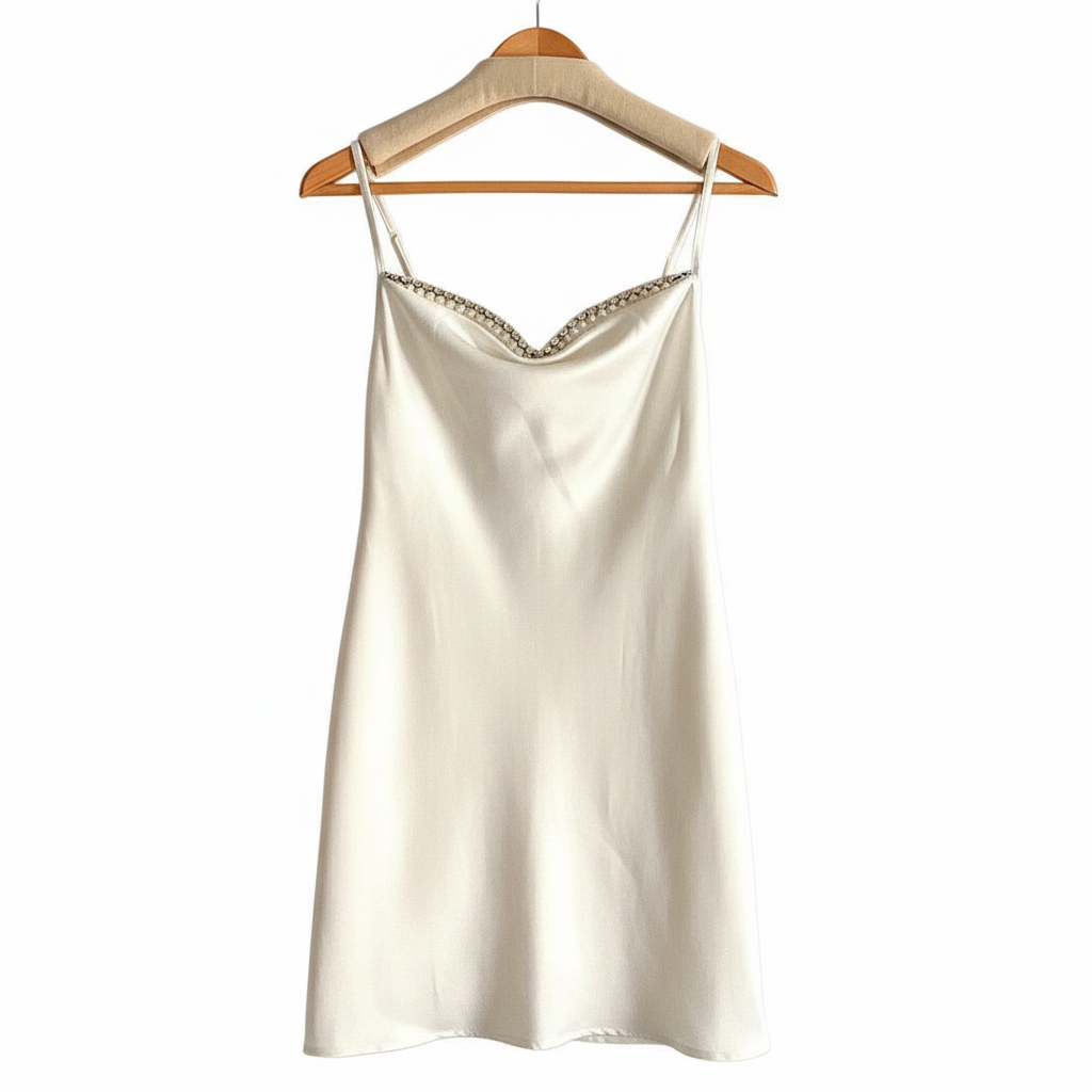 Kort vit klänning med pärlor – elegant mini silhuett och subtil glamour i satin.