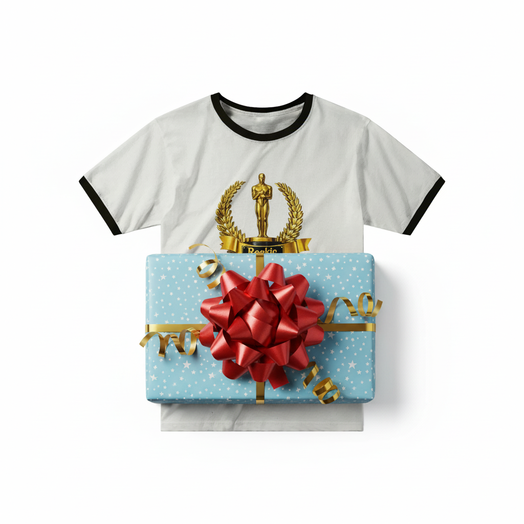 Gyllen Rookie T-shirt med retro trophy-motiv ligger ovanpå en present inslagen i blått papper med röd rosett.