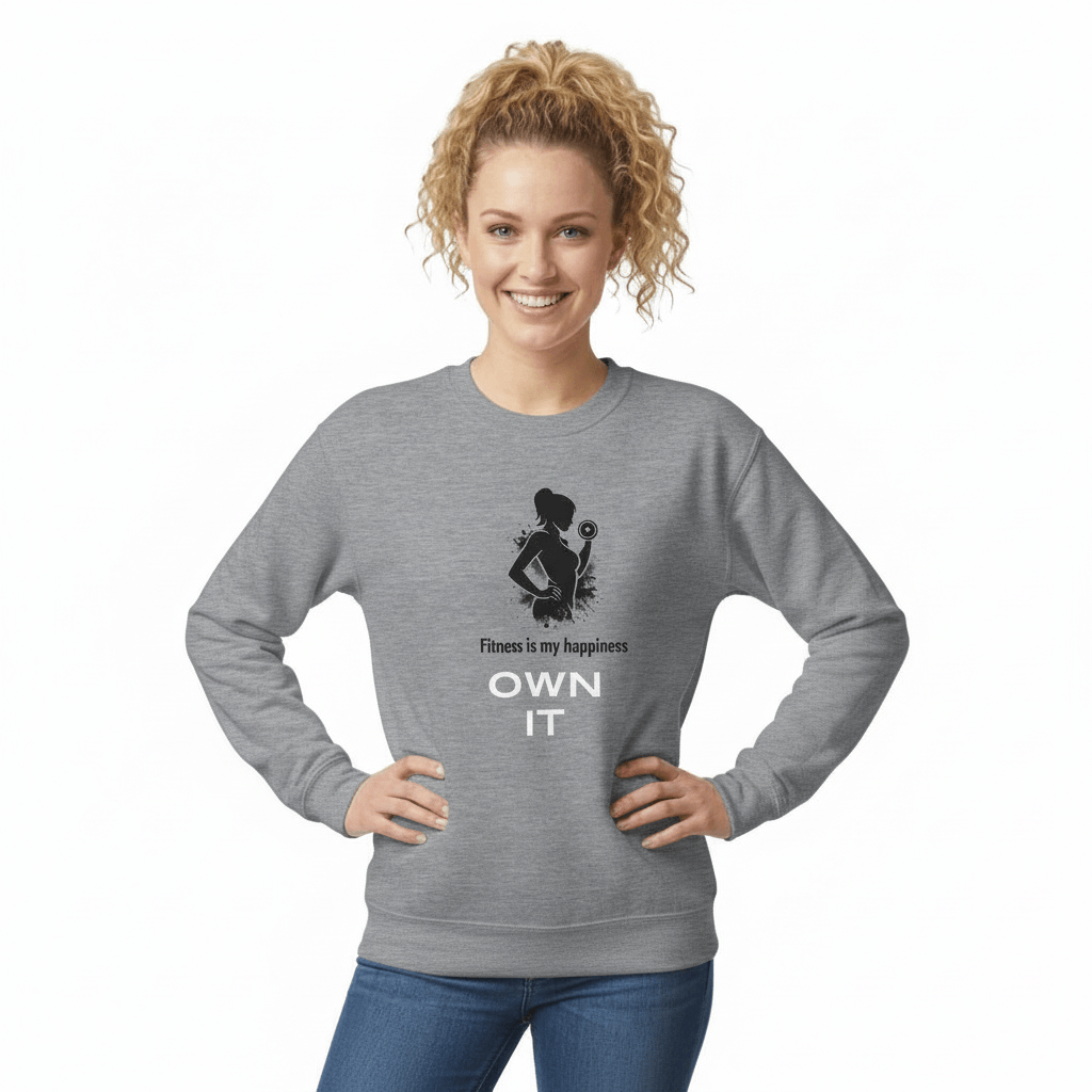 Fitness Sweatshirt –med textbudskap om styrka och självförtroende, neutral bakgrund.