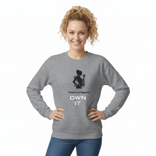 Fitness Sweatshirt –med textbudskap om styrka och självförtroende, neutral bakgrund.