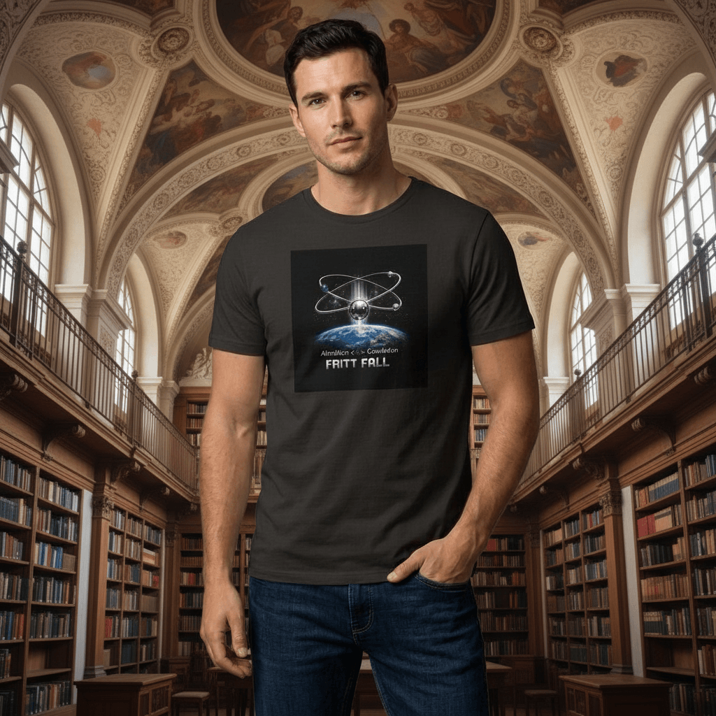 FRITT FALL Concept Tee på en man i en biblioteksmiljö med unik grafik