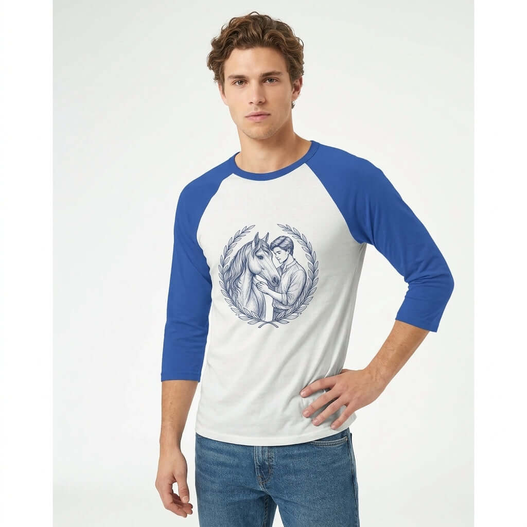 Ung man med häst raglan t-shirt med unik illustration av en man och en häst.