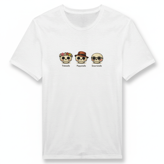 Klipska Skallar nordisk t-shirt med tröjor av Träskalle, Pappskalle och Smartsakalle design.