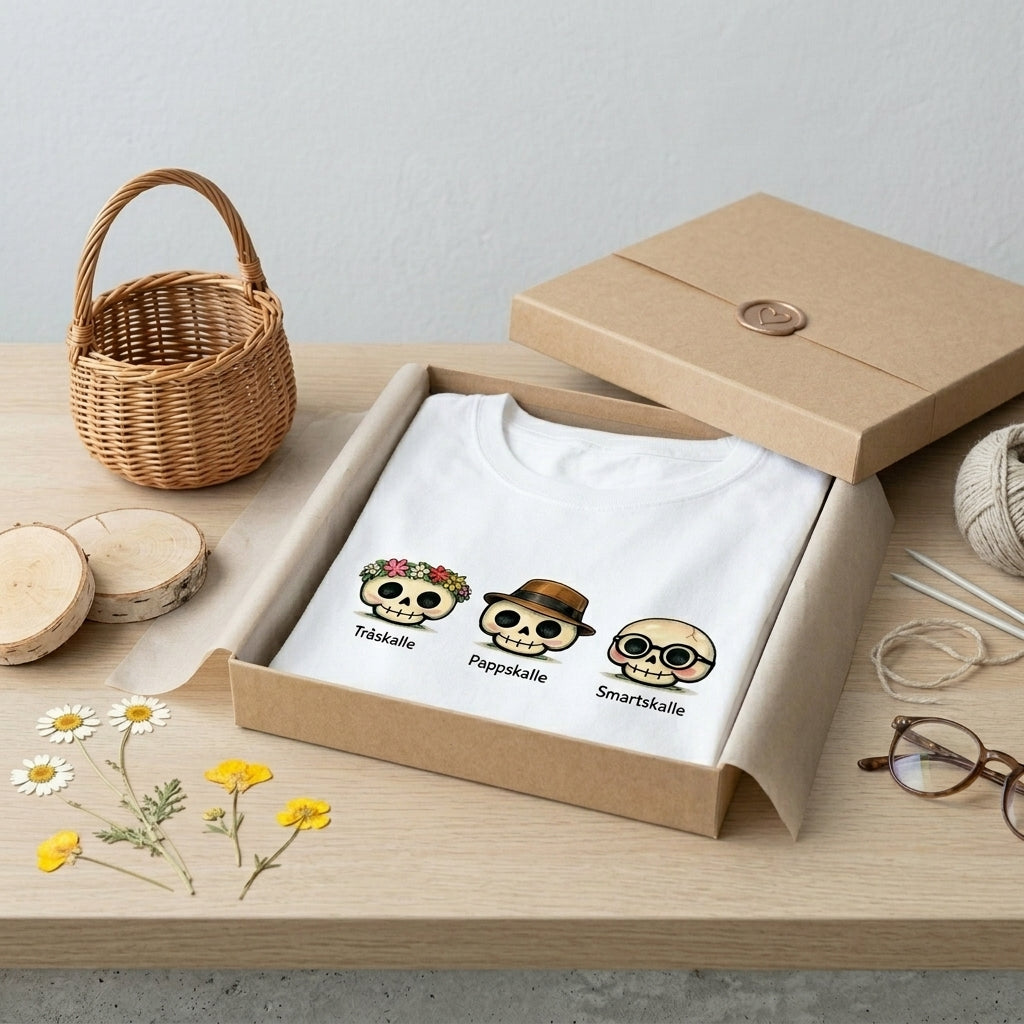 Klipska Skallar t-shirt med Träskalle, Pappskalle och Smartska lle design, inslagen i en presentask.