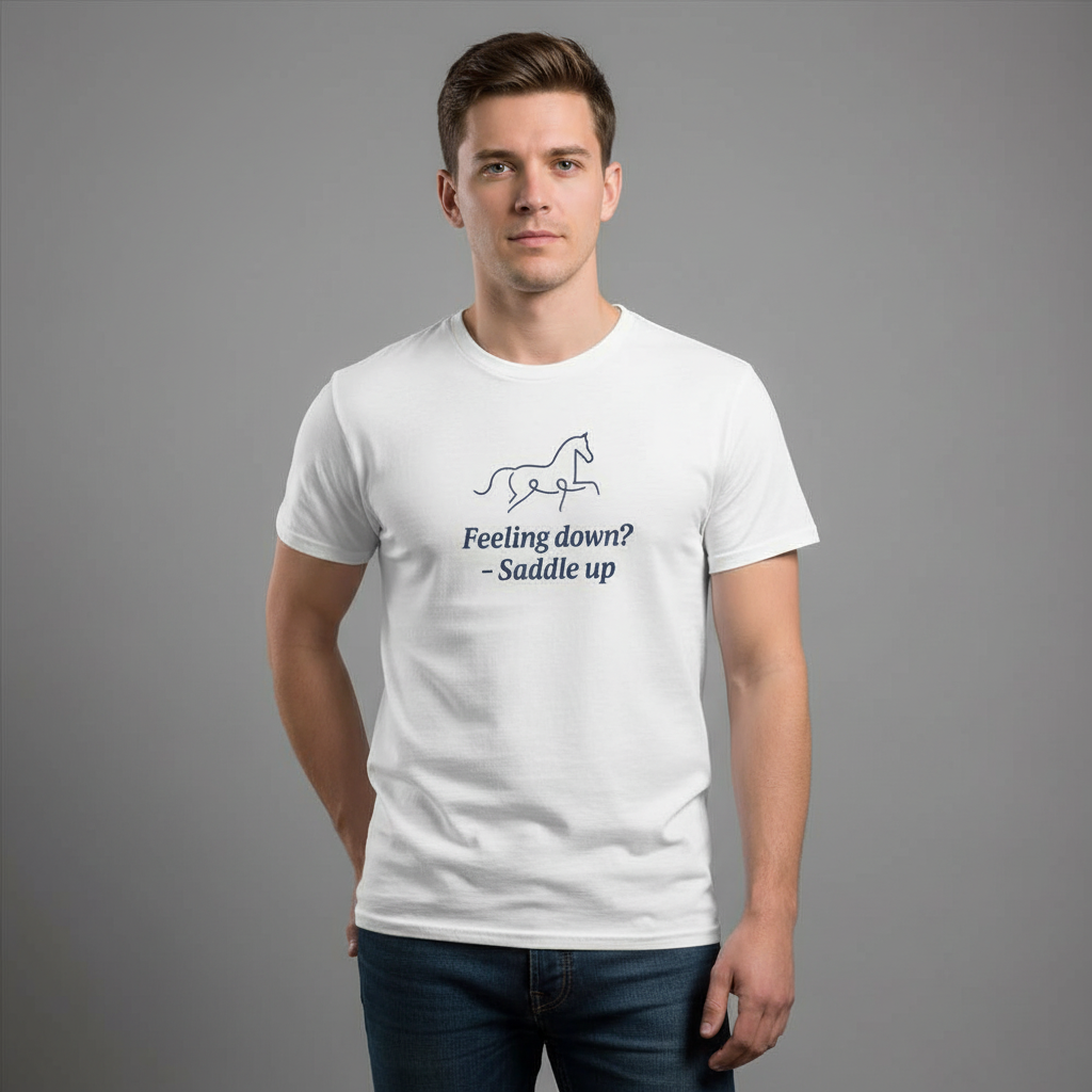 Horse Line Art Tee – Equestrian unisex t-shirt with minimalist horse design and uplifting message.