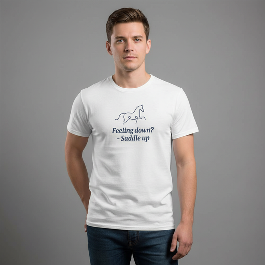 Horse Line Art Tee – Equestrian unisex t-shirt with minimalist horse design and uplifting message.