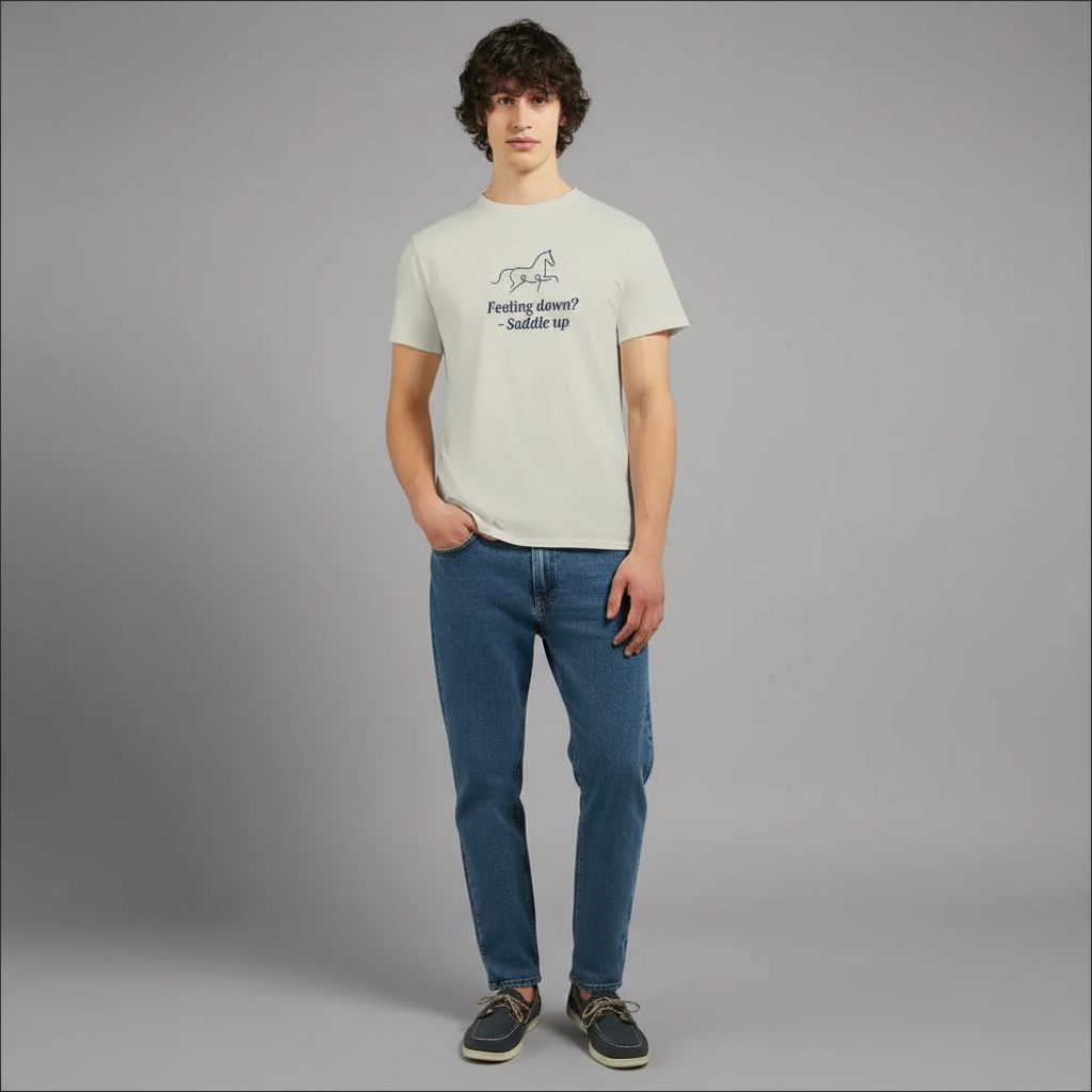 Horse Line Art Tee – Equestrian unisex t-shirt worn by a model, featuring minimalist horse design and text.