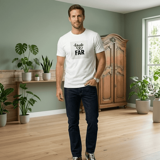 Käraste Far premium unisex t-shirt i bomull, bärs av man i fint inrett rum med växter.