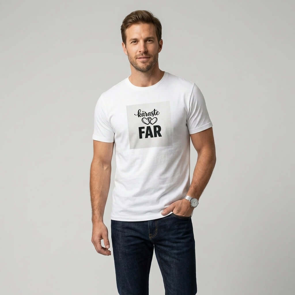 En man i vit Käraste Far premium unisex t-shirt som bärs med stolthet.