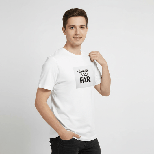 Käraste Far premium unisex t-shirt i bomull med vit bakgrund och grafiskt tryck