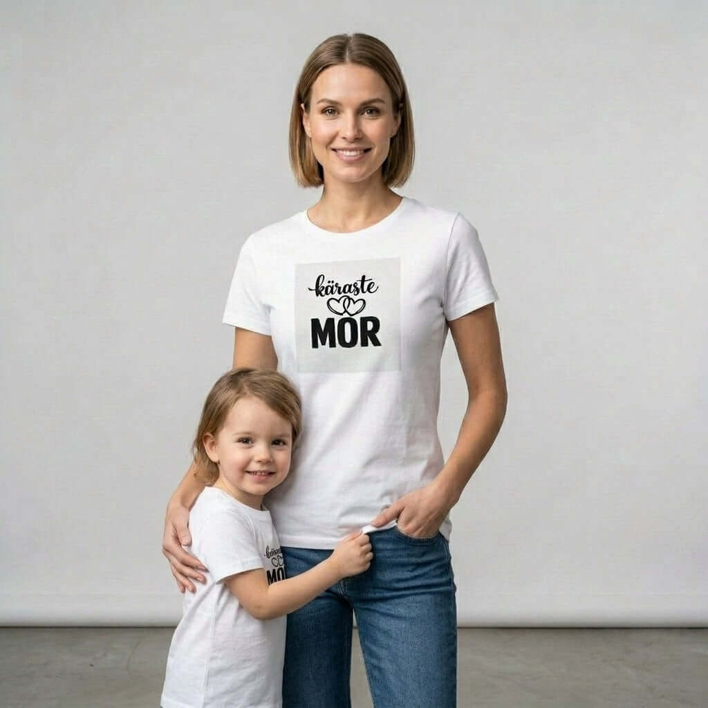 Käraste mor t-shirt i premium bomull, modellbild med barnet.