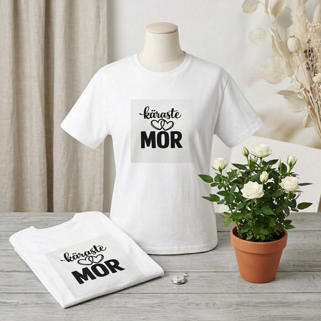 Käraste Mor present, Premium Bomull T-shirt med tygdesign och vit färg på mannequin.