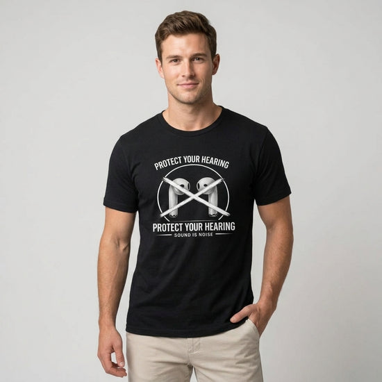 En man bär en svart t-shirt med texten 'Protect Your Hearing Tee – Sound Is Noise' för att sprida medvetenhet om hörsel.