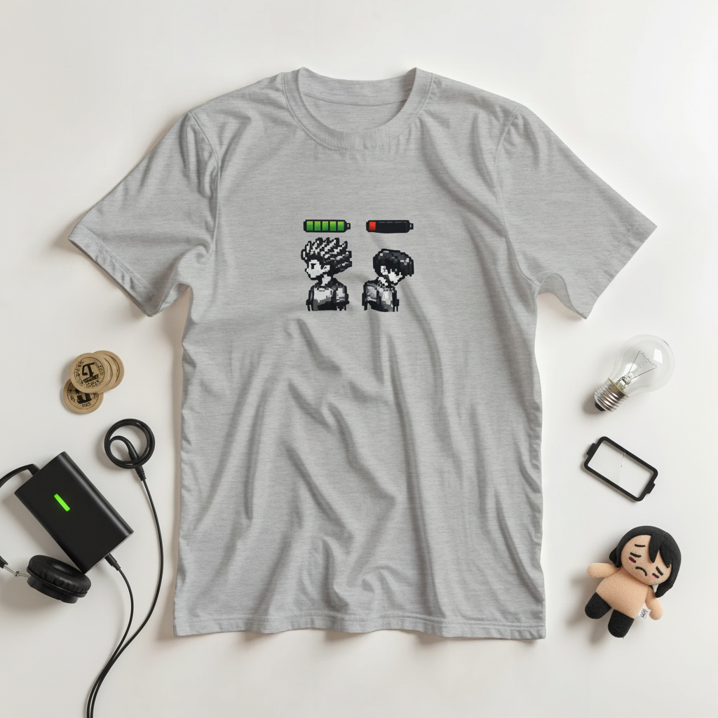 Energi Nivå Tee – Pixel Battery t-shirt med grafisk motiv av energinivåer på grå bakgrund.