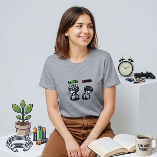 Energi Nivå Tee med grafiskt motiv av energinivåer och en kvinna som bär t-shirten.