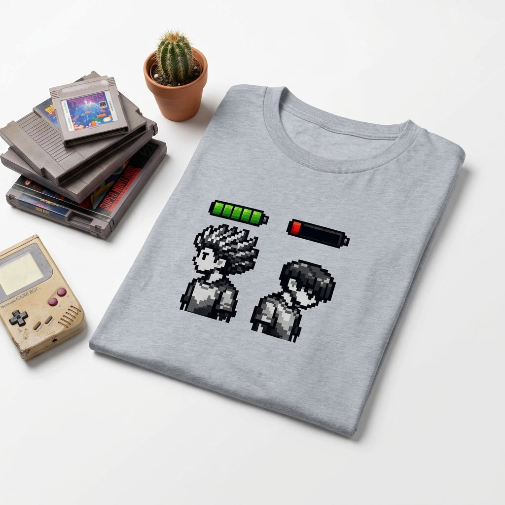 Energi Nivå Tee med grafisk av avatarer som visar energinivåer, grå t-shirt med pixelkonst.
