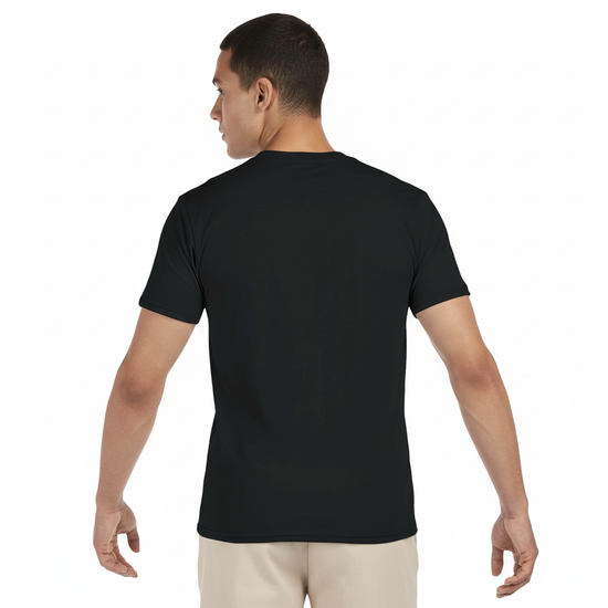 Man wearing a black Protect Your Hearing Tee, showcasing the back of the shirt.