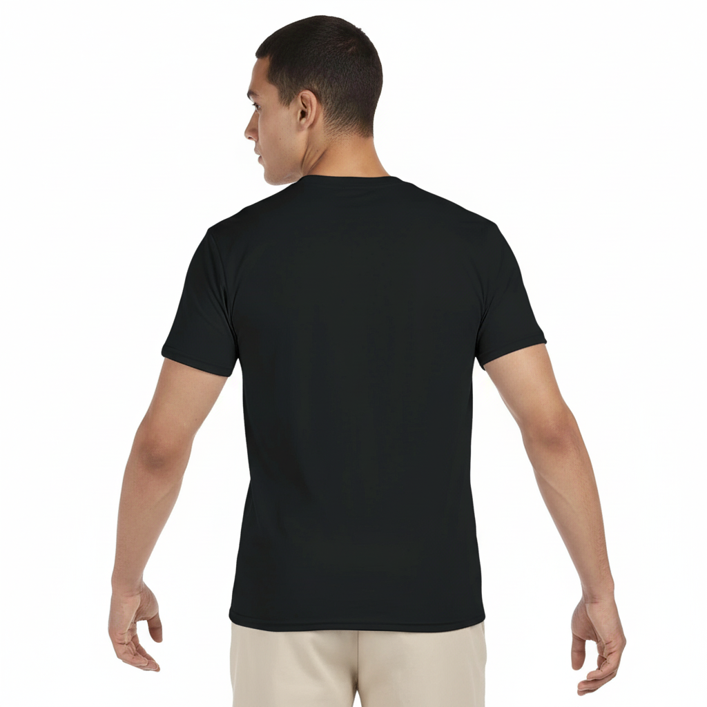 Man wearing a black Protect Your Hearing Tee, showcasing the back of the shirt.