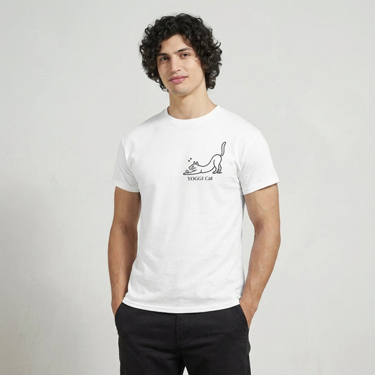 Stretching Cat T‑Shirt – White Black Line Tee