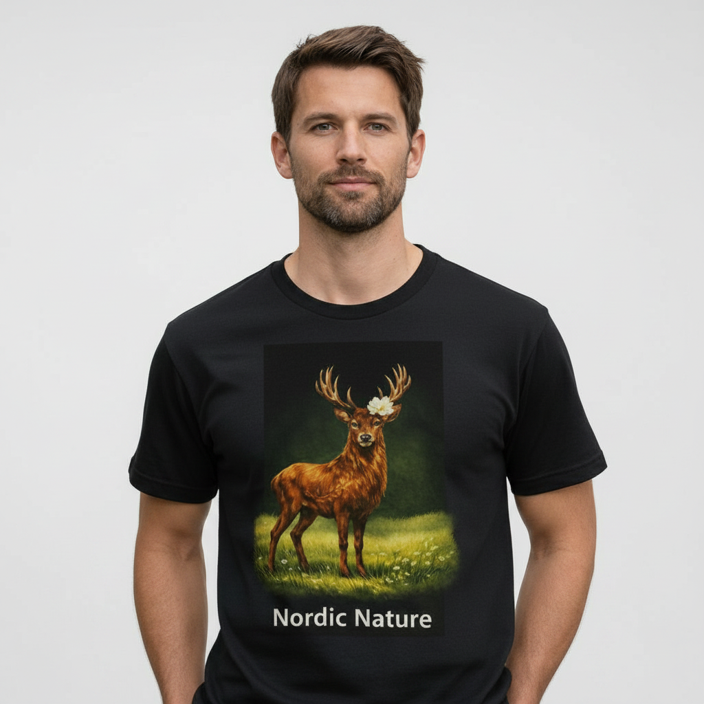 Nordic Nature T-shirt - Elegant Black Illustrated Cotton Tee