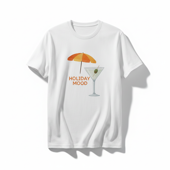 Holiday Mood T‑Shirt – Martini & Umbrella Graphic med livlig design av parasoll och martiniglas.