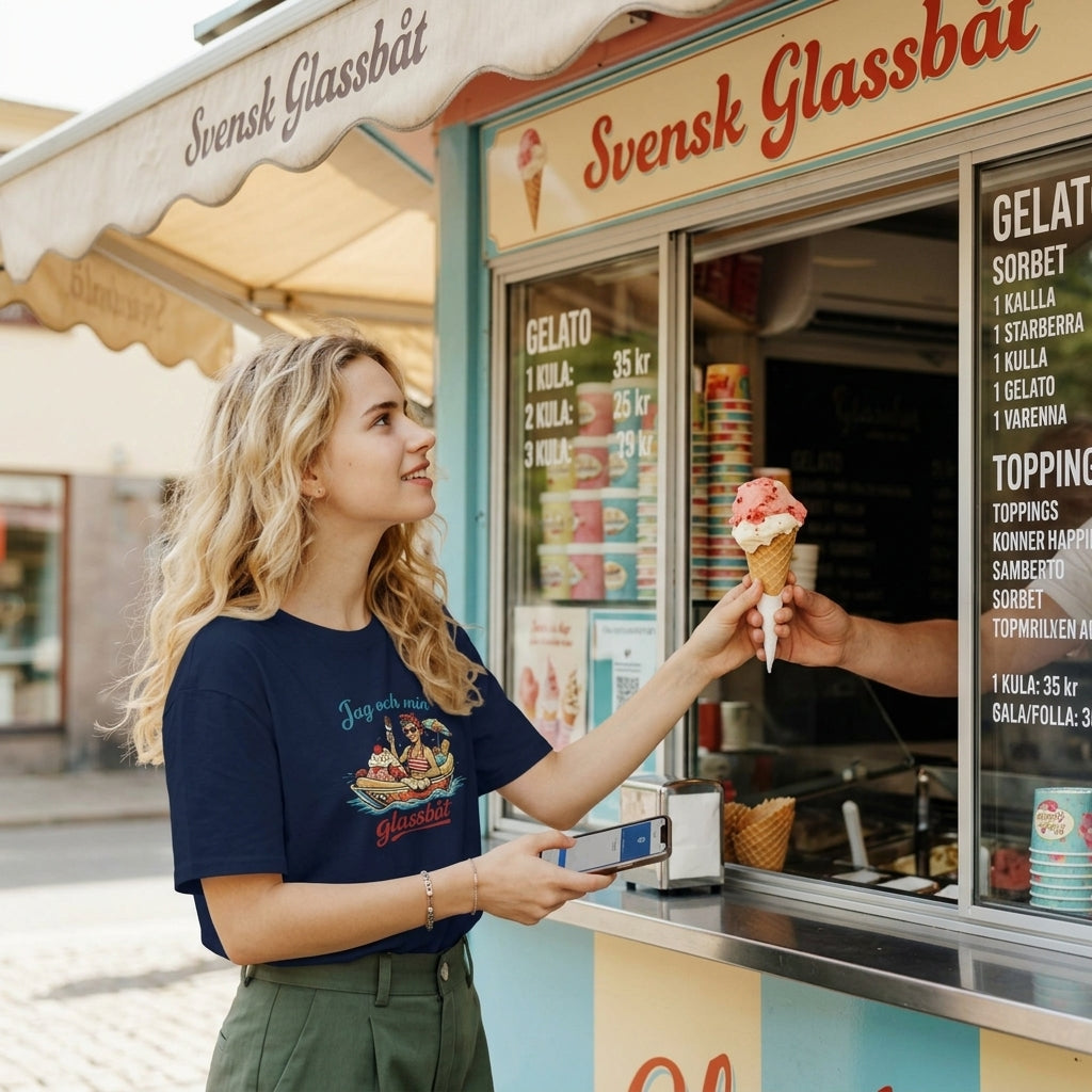 Kvinna i Jag och min glassbåt 50s Retro Inspired T-Shirt på glasskiosk, tar emot en glasskon.