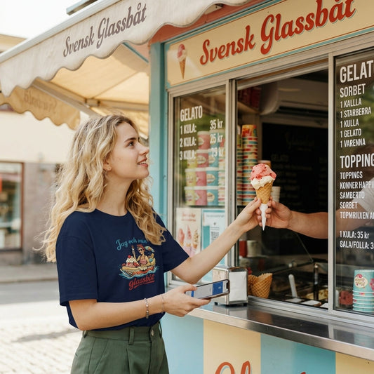 Kvinna i Jag och min glassbåt 50s Retro Inspired T-Shirt på glasskiosk, tar emot en glasskon.