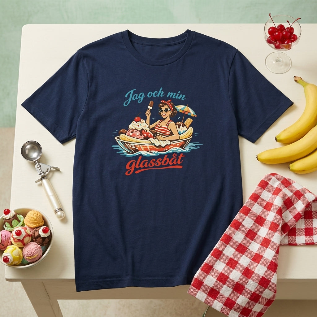 Jag och min glassbåt 50s Retro Inspired T-Shirt med retrodesign och glassbåttryck, perfekt för nostalgisk stil.
