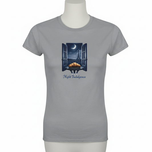 Midnight Paris grå T-shirt med croissant illustration och Paris-natt himmel