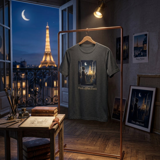 Paris Shirt med motiv av Eiffeltornet i nattljus, hängande framför öppna franska dörrar.