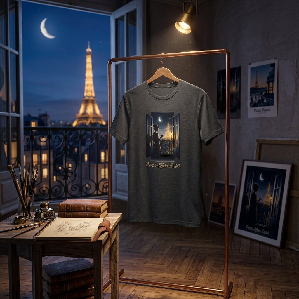 Paris Shirt med motiv av Eiffeltornet i nattljus, hängande framför öppna franska dörrar.