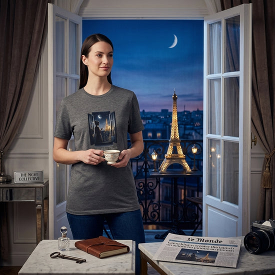 Kvinna bär Paris Shirt med motiv av Eiffeltornet i natten, står vid fönstret med en kopp kaffe.