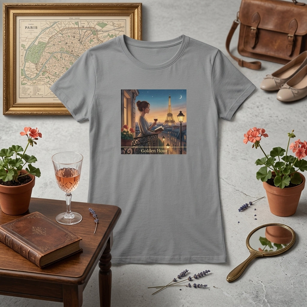 Paris Motiv – Fitted dam t-shirt med golden hour design, grå t-shirt med utsikt över Eiffeltornet.