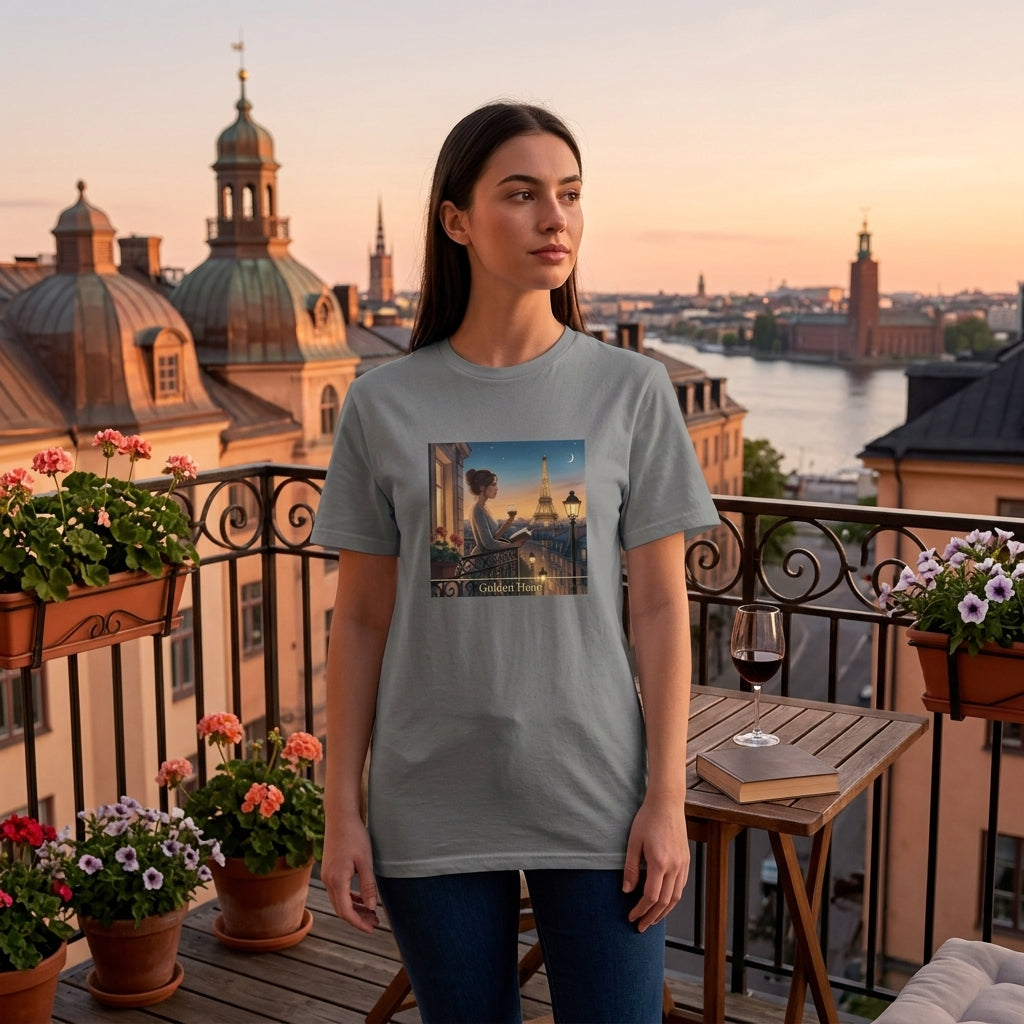 Grå t‑shirt med Paris Motiv och balkongutsikt i mjukt kvällsljus.