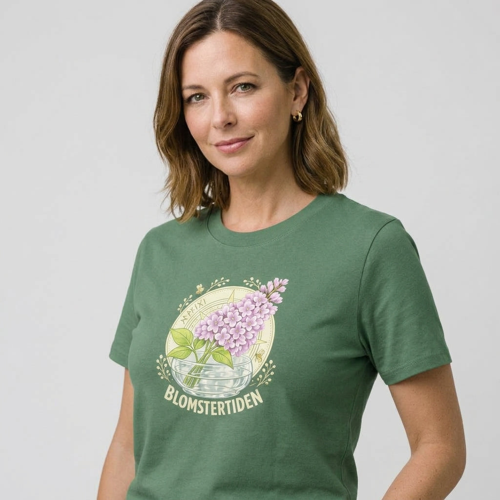 Floral T-Shirt med Syrenmotiv från Blomstertiden, mjuk t-shirt med ornamentell syrenillustration.