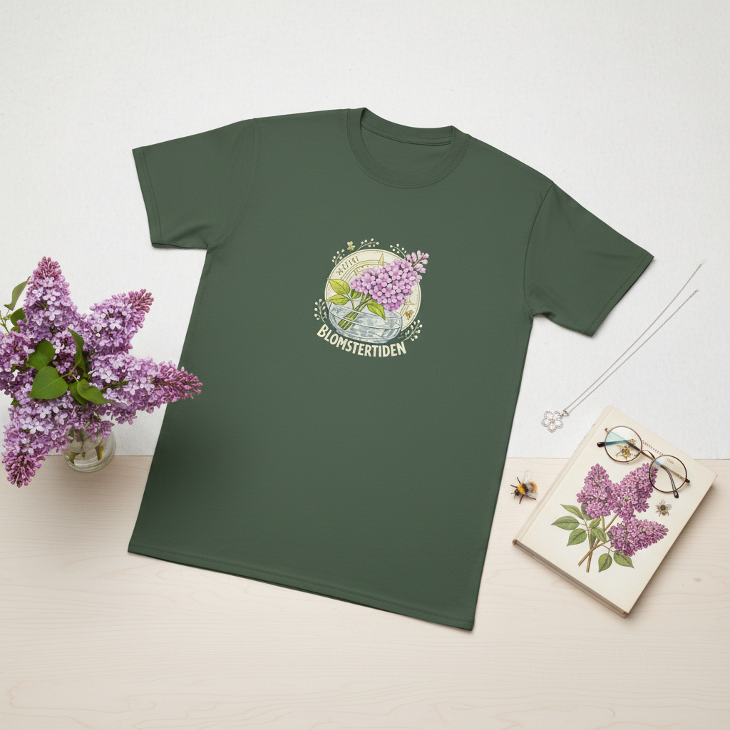 Floral T-Shirt med Syrenmotiv - Blomstertiden på en grön bakgrund med blommor och illustration