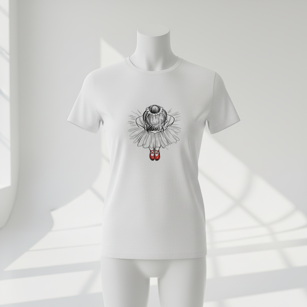 Röda dansskor på en ekologisk t-shirt med ballerina och mjuka färger, hållbar design.